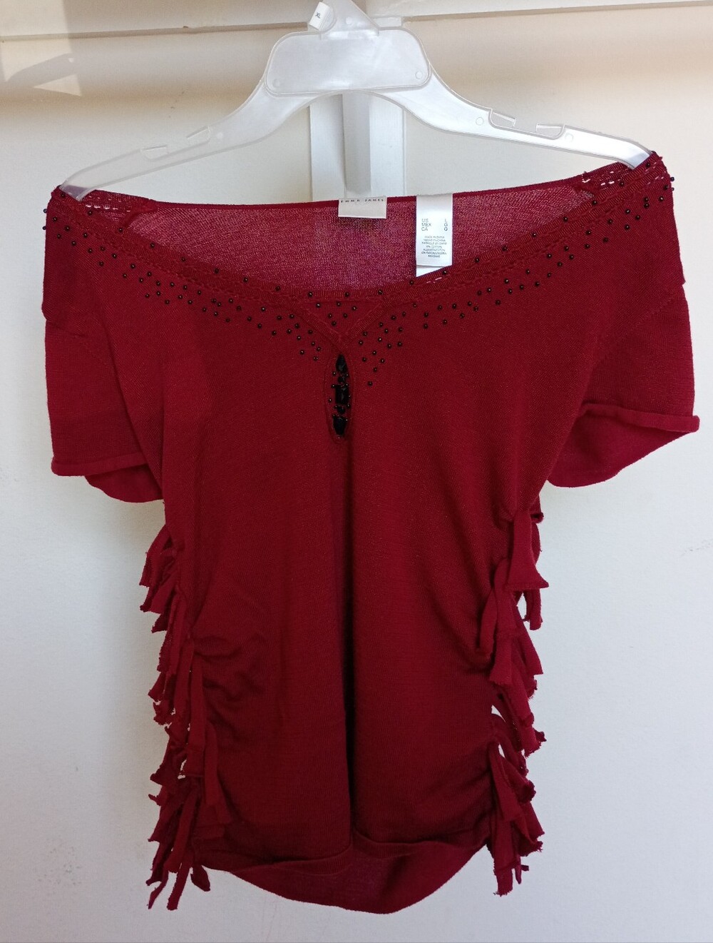 Emma & Sam Red Off-Shoulder Fringe Top with Stud Accents